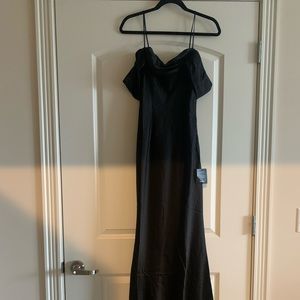 Black lulus gown with spaghetti strap and off the shoulder detail